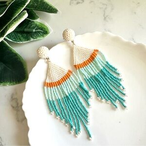 2/$30🌵 Mediterranean Boho Long Beaded Earrings Tassel Fringe Blue Orange NEW